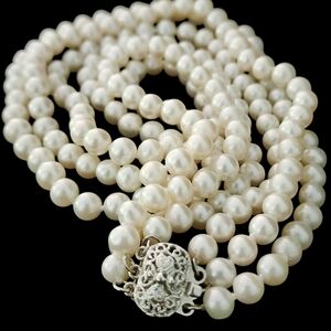 Pearl necklace by Chomel triple strand pearls silver tone filigree clasp